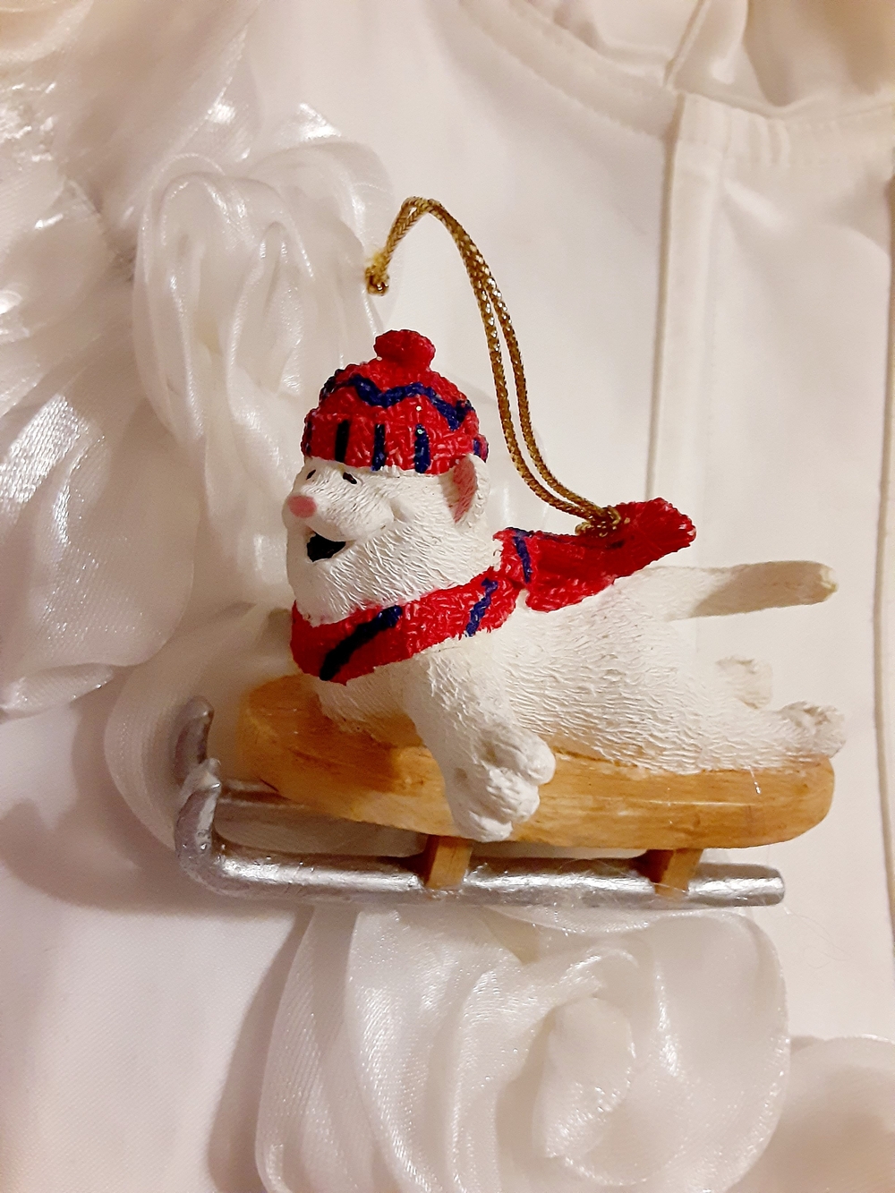 Vintage White Cat Sled Christmas Ornament with Red Hat and Scarf